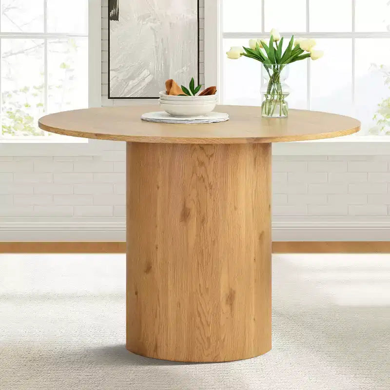 5-Piece Round Dining Table Set, 41.5 Pedestal Table and Beige Upholstered Chairs with Solid Wood Legs for Kitchen or Breakfast Nook-Panipeachy