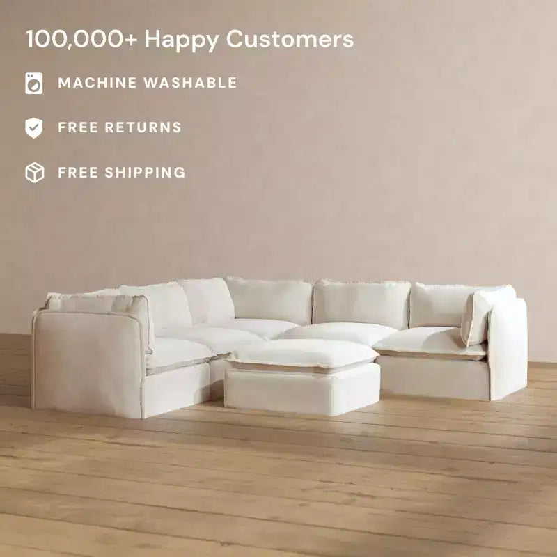 Anabei Modular Washable 5-Seater Corner Sofa Sectional + Ottoman | Deluxe+ Seat & Cloud Pillow