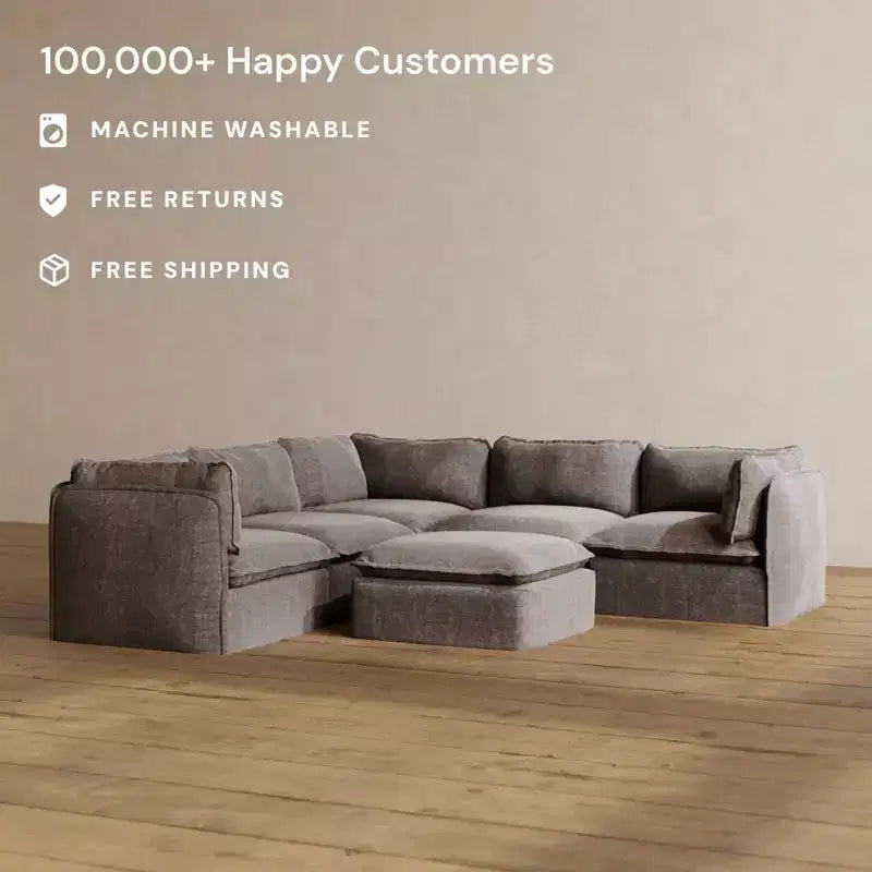 Anabei Modular Washable 5-Seater Corner Sofa Sectional + Ottoman | Deluxe+ Seat & Cloud Pillow