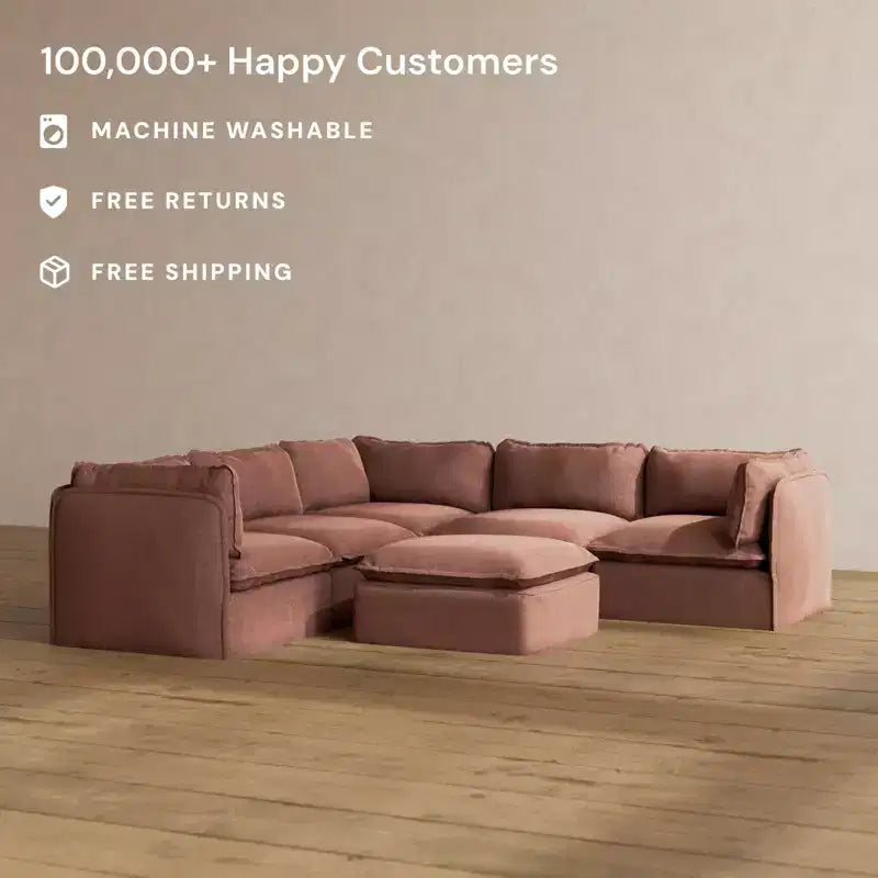 Anabei Modular Washable 5-Seater Corner Sofa Sectional + Ottoman | Deluxe+ Seat & Cloud Pillow