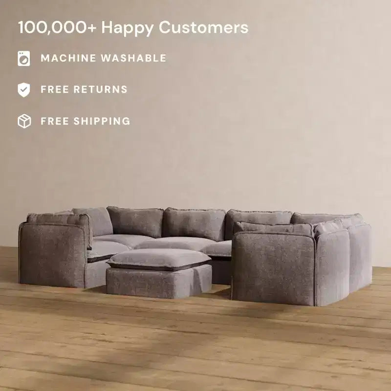 Anabei Modular Washable 6-Seater U-Sectional Sofa + Ottoman | Deluxe+ Seat & Cloud Pillow