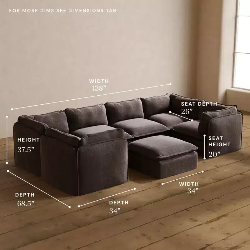 Anabei Modular Washable 6-Seater U-Sectional Sofa + Ottoman | Deluxe+ Seat & Cloud Pillow
