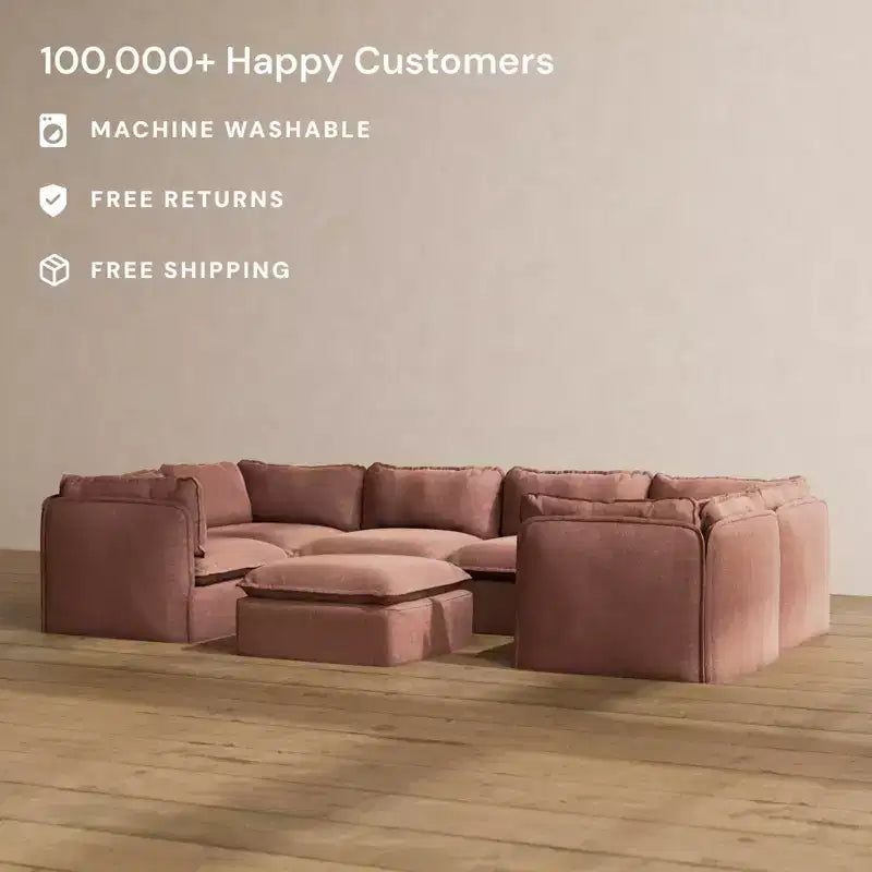 Anabei Modular Washable 6-Seater U-Sectional Sofa + Ottoman | Deluxe+ Seat & Cloud Pillow