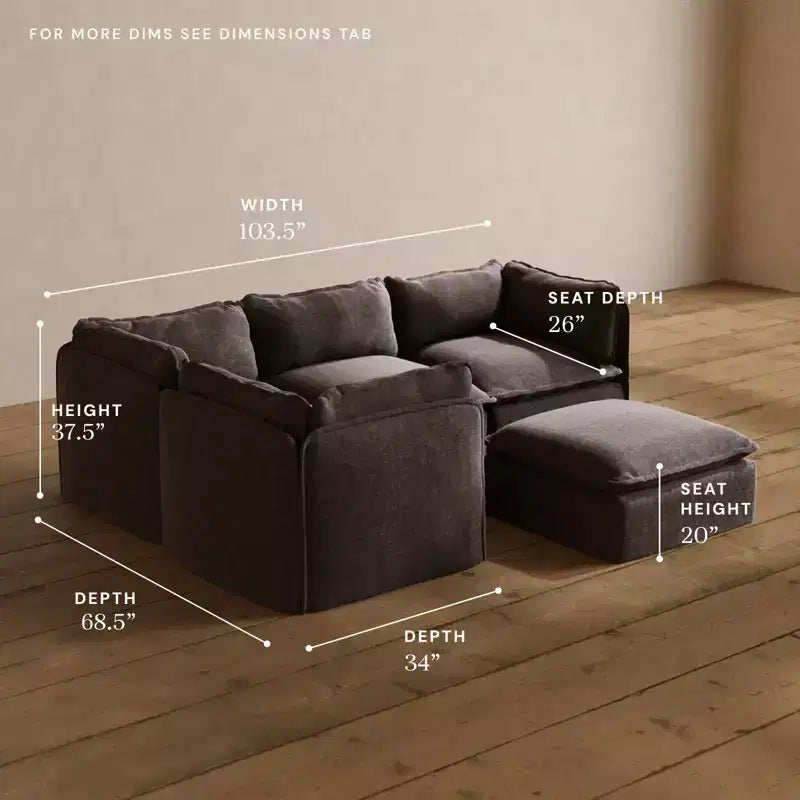 Anabei Modular Washable 4-Seater Corner Sofa Sectional + Ottoman | Deluxe+ Seat & Cloud Pillow