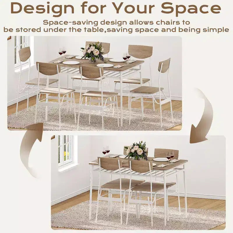 Karl Home 7-Piece Dining Table Set for 6, 43.3'' Kitchen Table and Wood Chairs with Storage and Backrest