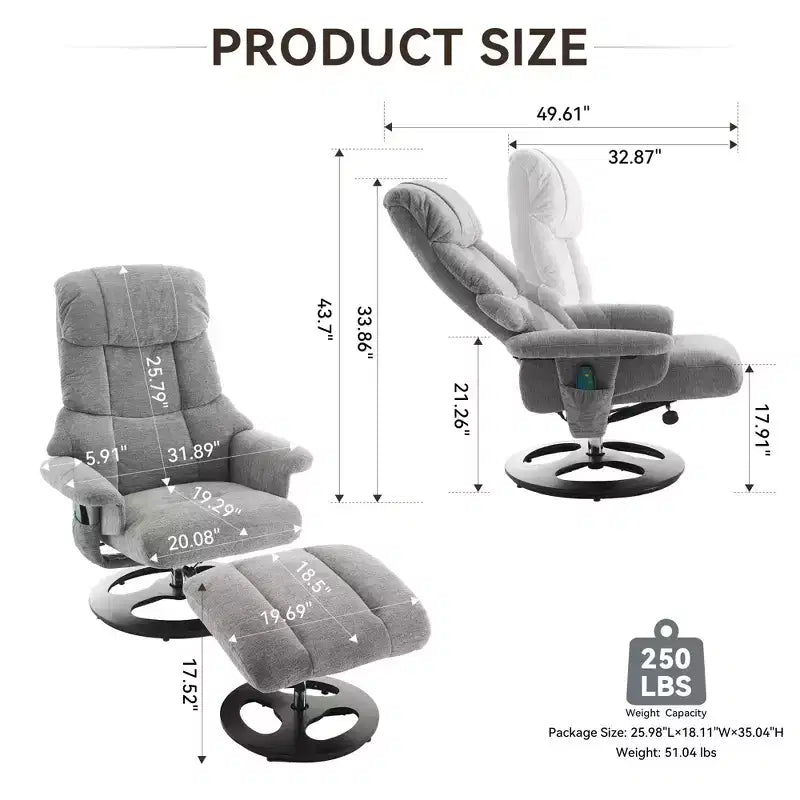 GDFStudio Mirna Ergonomic Chenille Upholstered Swivel Recliner Chair with Ottoman