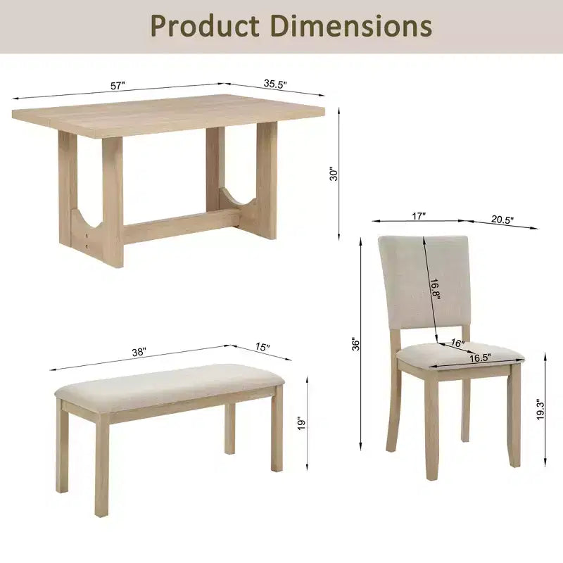 GDFStudio Kiley Modern 6 Piece Wooden Dining Table Set with Bench and Four Upholstered Chairs