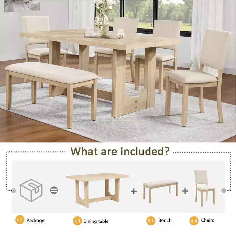 GDFStudio Kiley Modern 6 Piece Wooden Dining Table Set with Bench and Four Upholstered Chairs