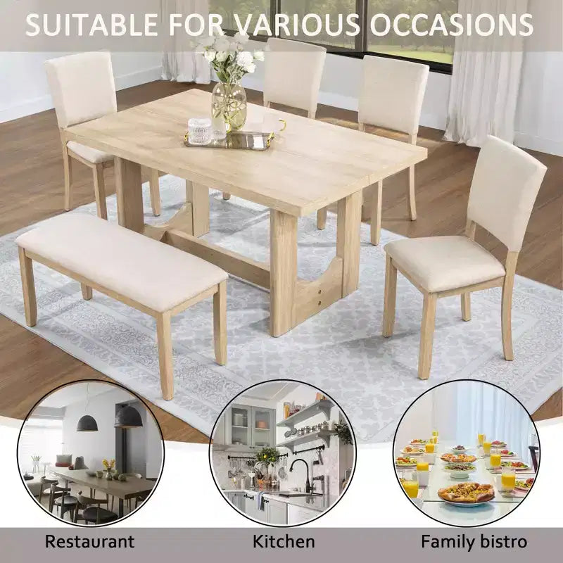 GDFStudio Kiley Modern 6 Piece Wooden Dining Table Set with Bench and Four Upholstered Chairs