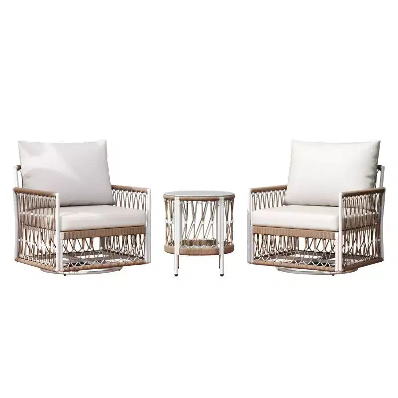 Modern Boho Outdoor Furniture Set, 3-Piece Swivel Patio Chairs with Steel Frame & Glass Side Table for Backyard or Poolside-Panipeachy