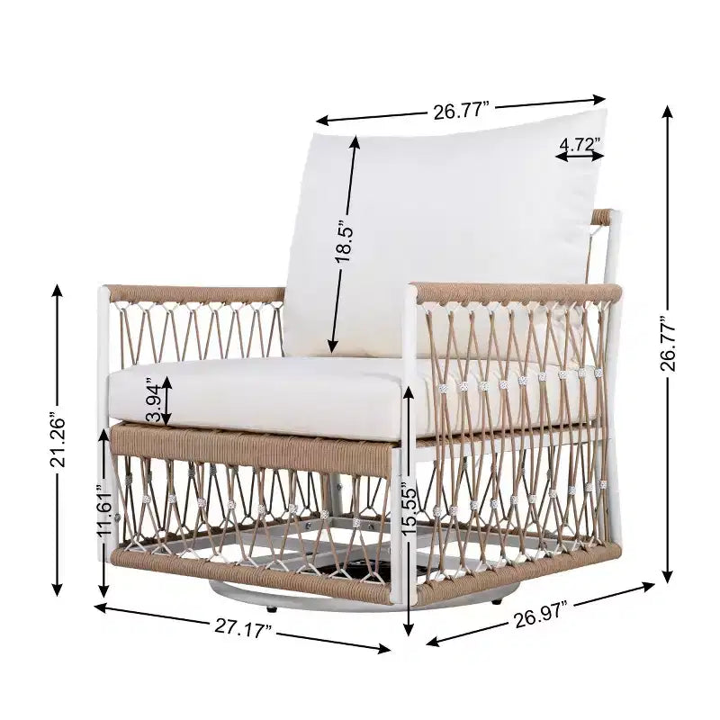 Modern Boho Outdoor Furniture Set, 3-Piece Swivel Patio Chairs with Steel Frame & Glass Side Table for Backyard or Poolside-Panipeachy