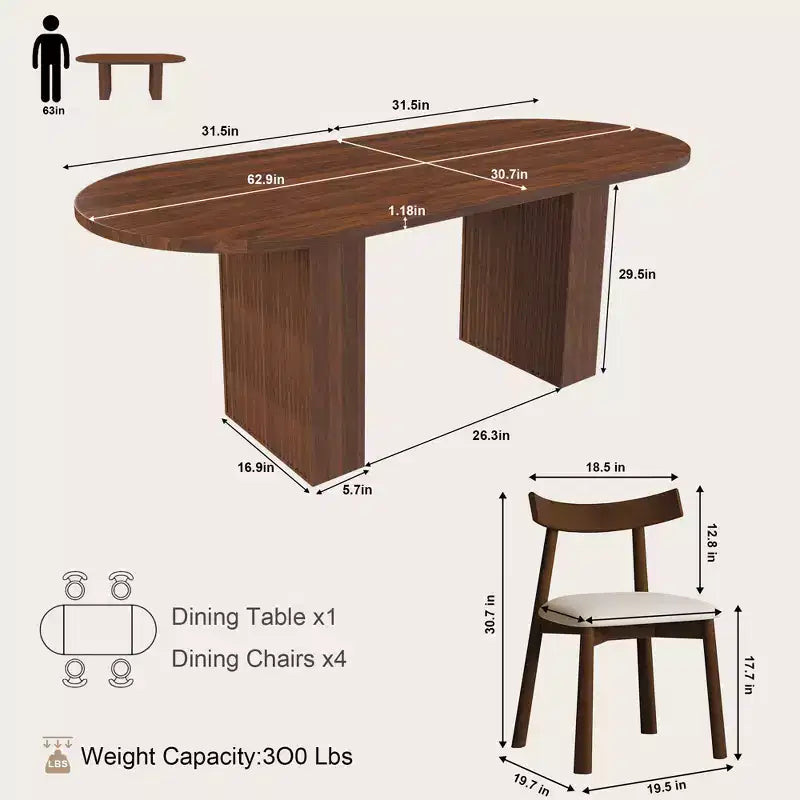 GDFStudio Hayden Farmhouse 62.9-Inch Oval 4-Seater Wood Dining Table Set