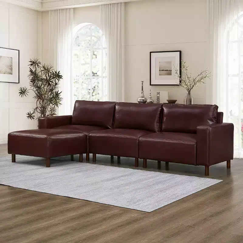 GDFStudio Arvin 112 Modern 3-Seat Faux Leather Upholstered Sectional Sofa with Ottoman