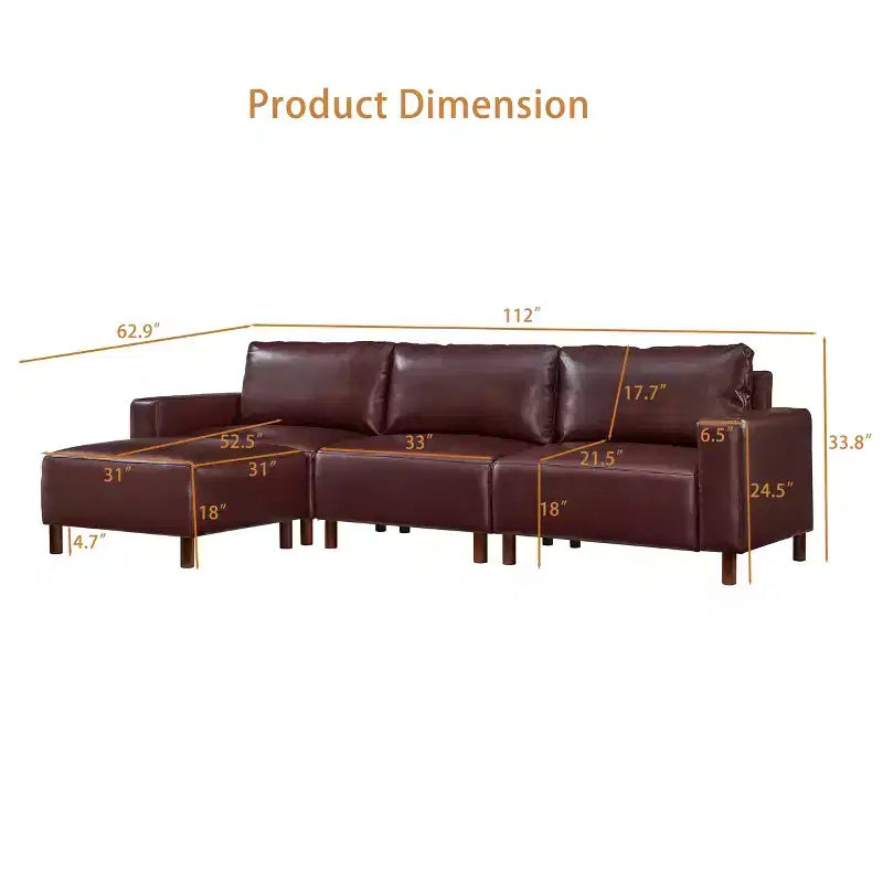 GDFStudio Arvin 112 Modern 3-Seat Faux Leather Upholstered Sectional Sofa with Ottoman