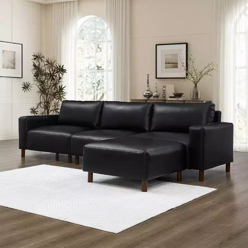 GDFStudio Arvin 112 Modern 3-Seat Faux Leather Upholstered Sectional Sofa with Ottoman