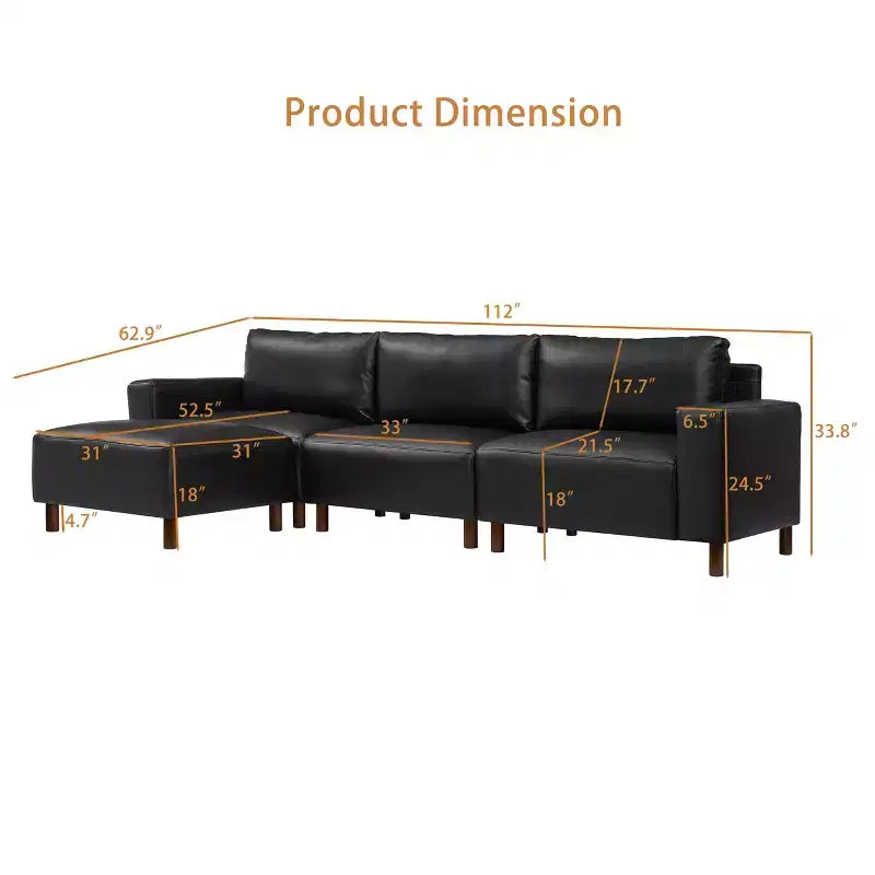 GDFStudio Arvin 112 Modern 3-Seat Faux Leather Upholstered Sectional Sofa with Ottoman