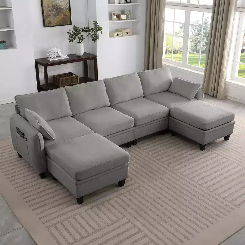 GDFStudio Lancelot 109 Inch Contemporary 6 Seat Chenille Upholstered U-Shaped Sectional Sofa with Storage Ottoman