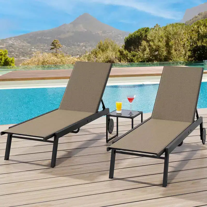 3-Piece Small Patio Lounge Set with Side Table - Adjustable Chaise Chairs & Wheels for Poolside, Deck & Backyard