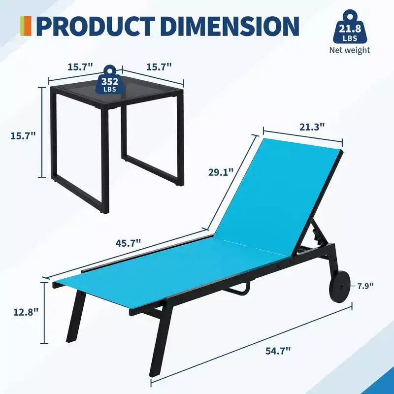3-Piece Small Patio Lounge Set with Side Table - Adjustable Chaise Chairs & Wheels for Poolside, Deck & Backyard
