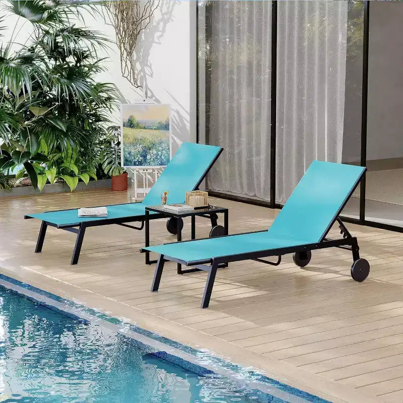 3-Piece Small Patio Lounge Set with Side Table - Adjustable Chaise Chairs & Wheels for Poolside, Deck & Backyard