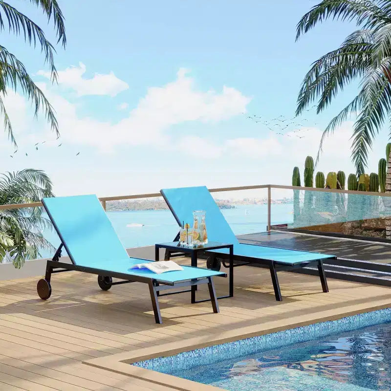 3-Piece Small Patio Lounge Set with Side Table - Adjustable Chaise Chairs & Wheels for Poolside, Deck & Backyard