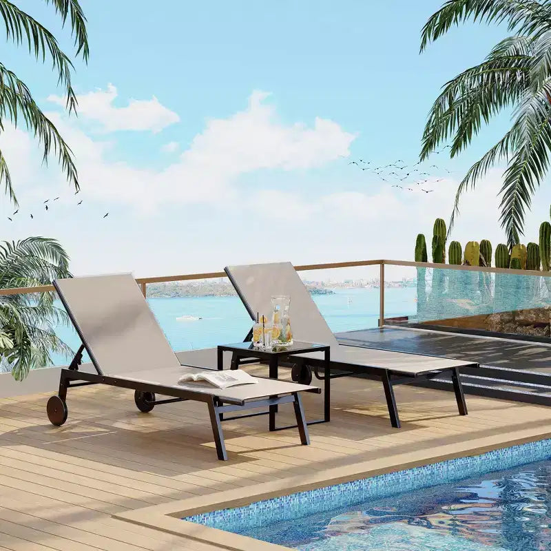 3-Piece Small Patio Lounge Set with Side Table - Adjustable Chaise Chairs & Wheels for Poolside, Deck & Backyard