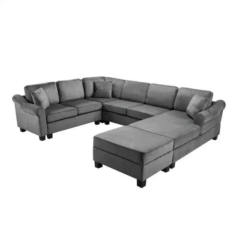Sectional Sofa 111.8 U-shaped Sofa Chenille Upholstered Sofa Couch with Movable Storage Ottoman, Dark Gray