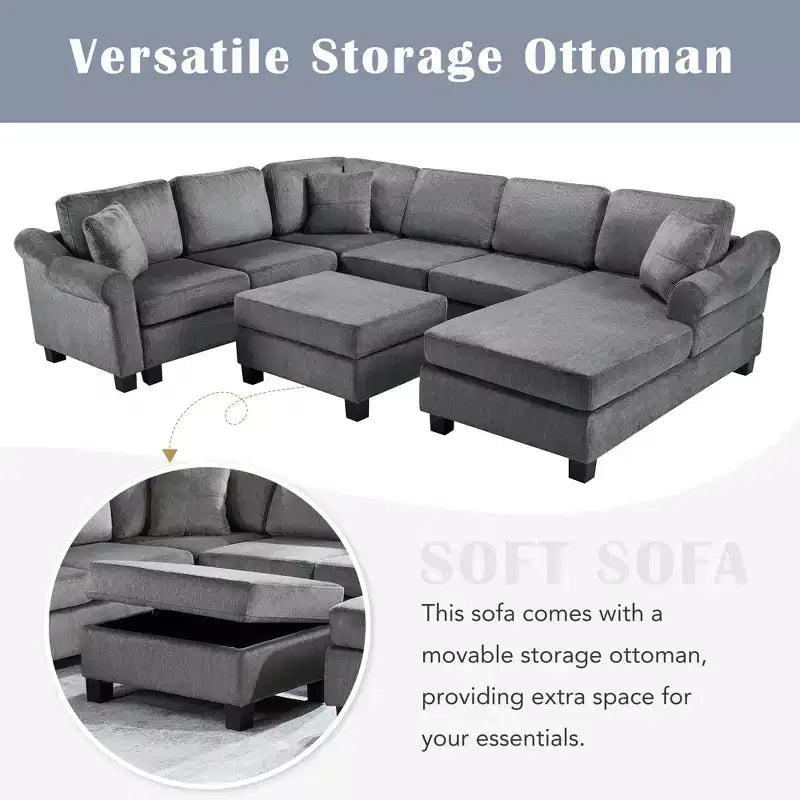 Sectional Sofa 111.8 U-shaped Sofa Chenille Upholstered Sofa Couch with Movable Storage Ottoman, Dark Gray
