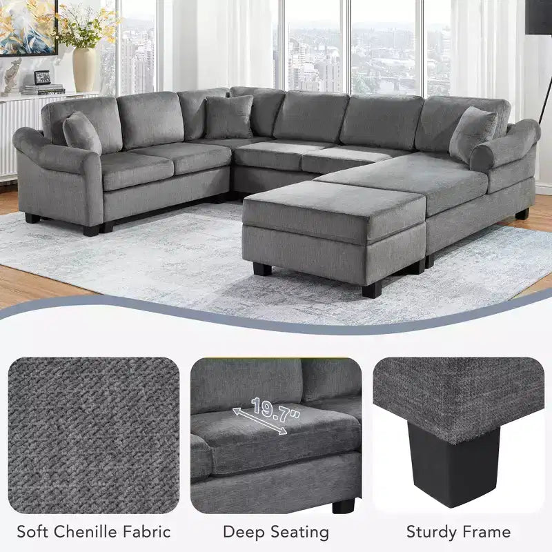 Sectional Sofa 111.8 U-shaped Sofa Chenille Upholstered Sofa Couch with Movable Storage Ottoman, Dark Gray