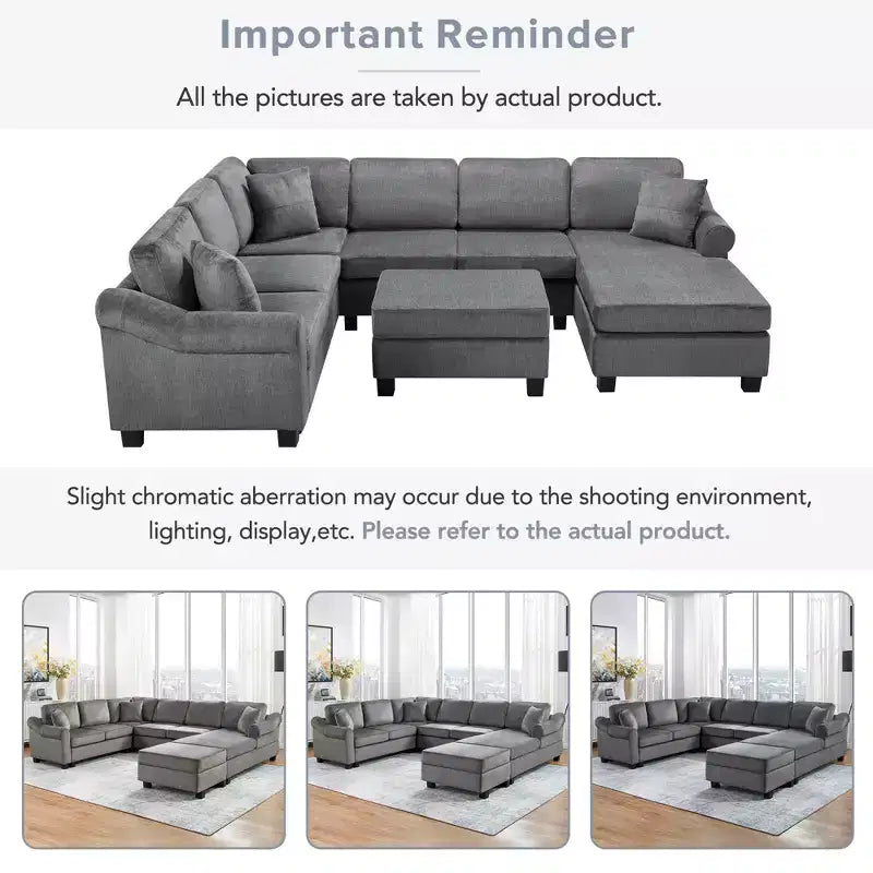 Sectional Sofa 111.8 U-shaped Sofa Chenille Upholstered Sofa Couch with Movable Storage Ottoman, Dark Gray
