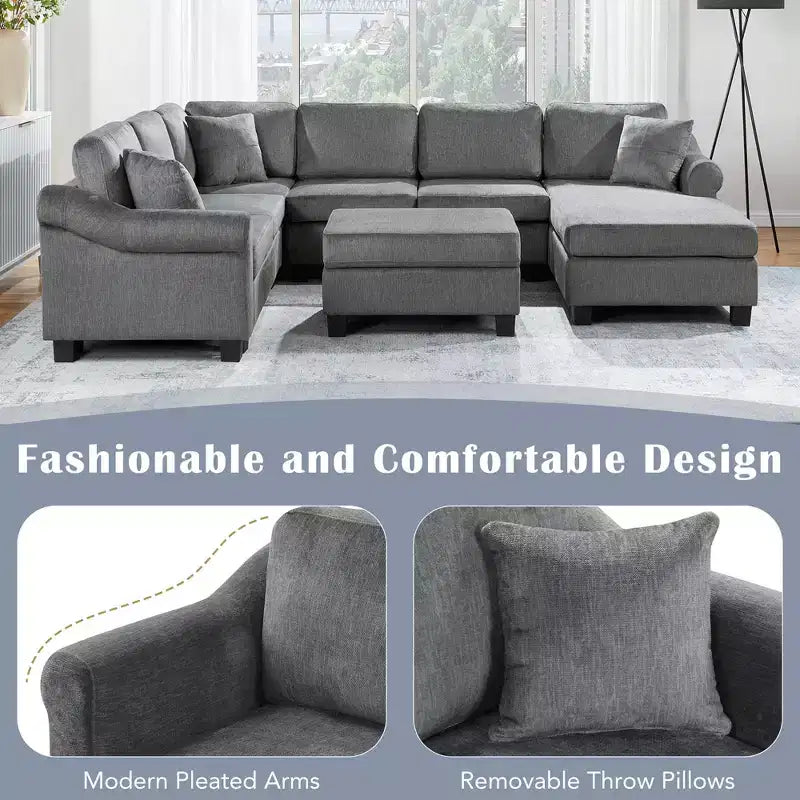 Sectional Sofa 111.8 U-shaped Sofa Chenille Upholstered Sofa Couch with Movable Storage Ottoman, Dark Gray