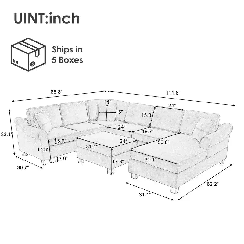 Sectional Sofa 111.8 U-shaped Sofa Chenille Upholstered Sofa Couch with Movable Storage Ottoman, Dark Gray
