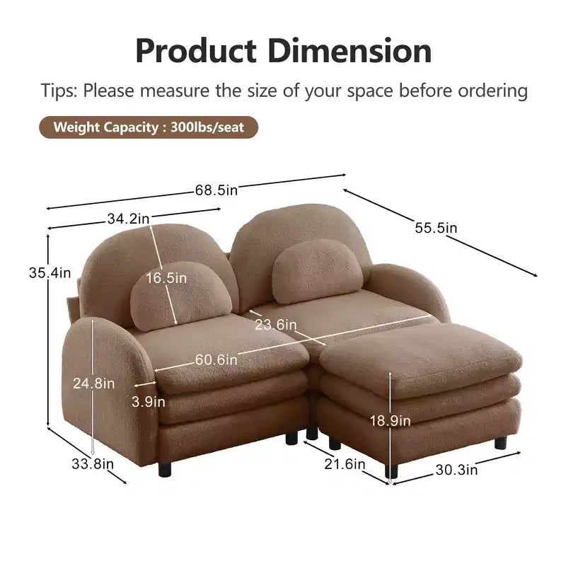 GDFStudio Steini Modern 117 2-Seater Teddy Upholstered Sectional Sofa with Curved Lumbar Pillows and Movable Ottoman