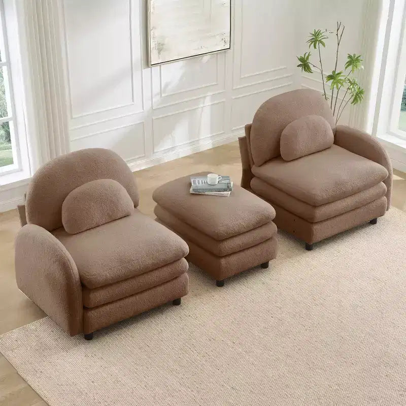 GDFStudio Steini Modern 117 2-Seater Teddy Upholstered Sectional Sofa with Curved Lumbar Pillows and Movable Ottoman