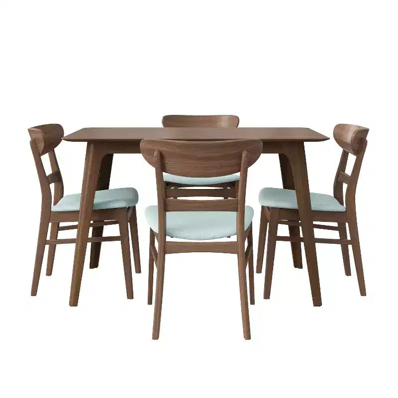 Small Space Dining Set for 4, 5 Pieces Rectangular Solid Wood Table Set with 4 Upholstered Chairs for Kitchen, Mint,Walnut