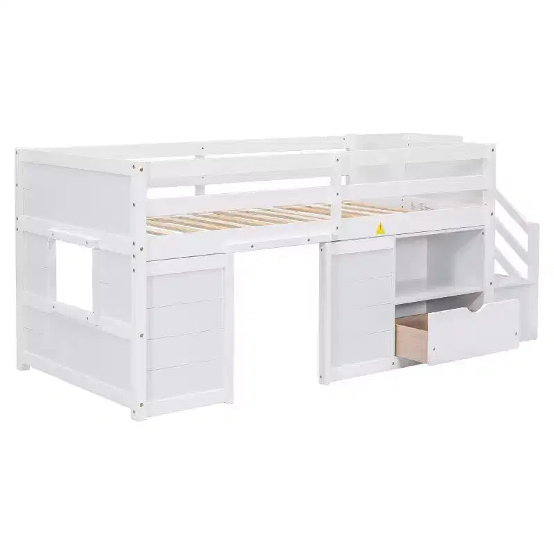 94.6L x 42.3W Solid Wood Twin Size Low Loft Bed With Stair, Drawer And Shelf, Modern & Clean Design
