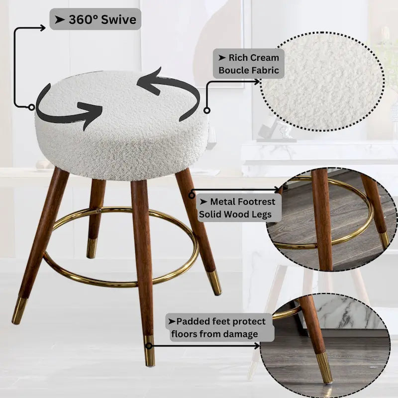 Tabouret pivotant rembourré blanc de 23,88 po avec structure en bois