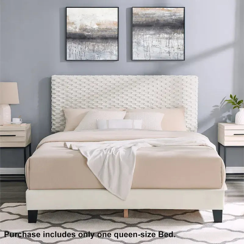 Lit plateforme Queen avec tête de lit réglable, tissu Dove