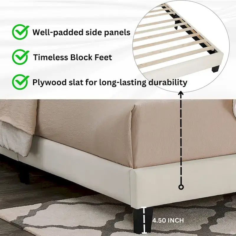 Lit plateforme Queen avec tête de lit réglable, tissu Dove