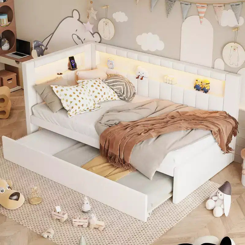 Twin/Full Daybed with Trundle and L-Shaped Bookshelf Headboard, Linen Upholstered Soft Corner Bed with Storage Shelves and LED Belt