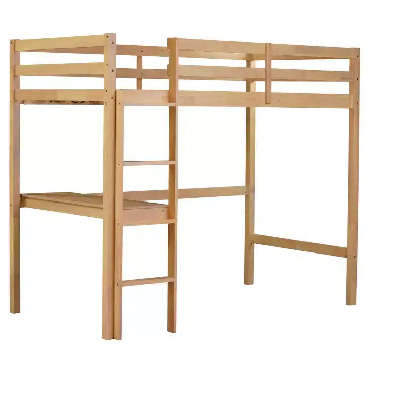 Okak Minimalism Loft Bed with Ladder, Rubber Wood Twin Loft Bed with Safety Guardrail and Build-In Desk, Bed Frames for Kids, Teenagers