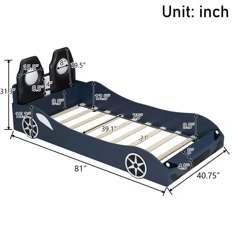 Whisen Wood Twin Size Race Car-Shaped Platform Bed with LED and Upholstered Backrest