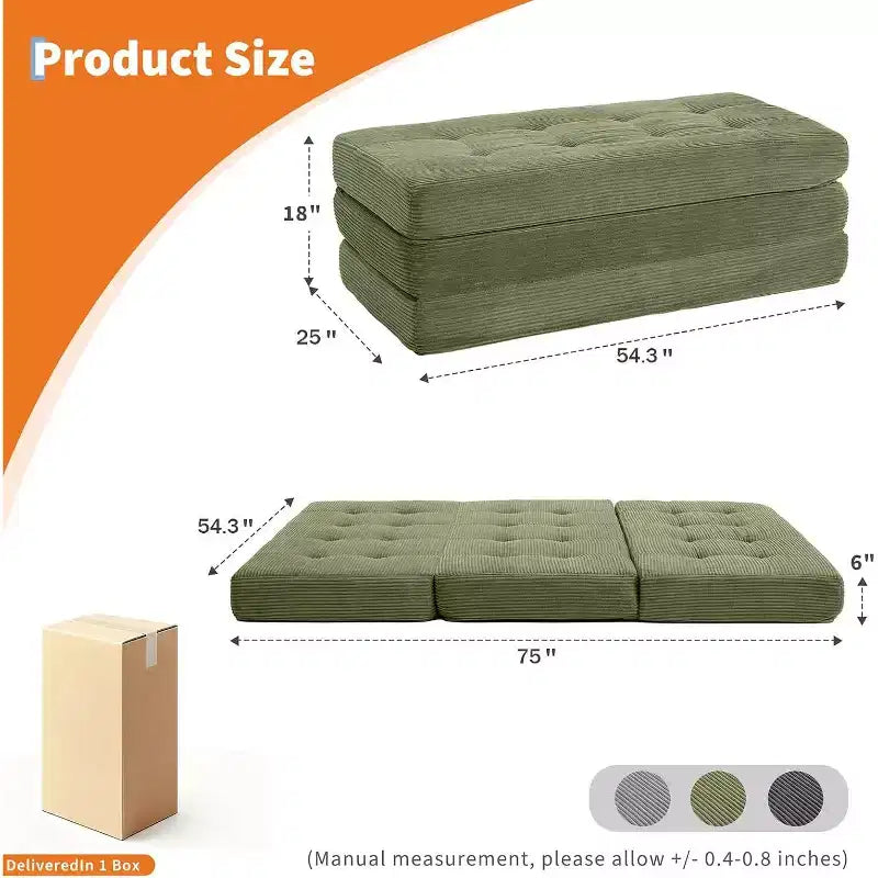 SunnyFurn 6 Inch Tri-Fold Mattress Sofa Bed, 75X54.3 Foam Folding Guest Bed with Tufted Corduroy, Portable for Camping, Living Room, Bedroom