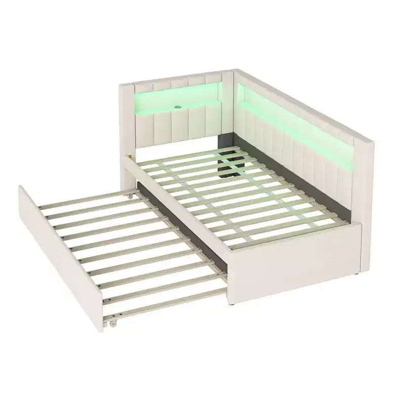 Twin/Full Daybed with Trundle and L-Shaped Bookshelf Headboard, Linen Upholstered Soft Corner Bed with Storage Shelves and LED Belt