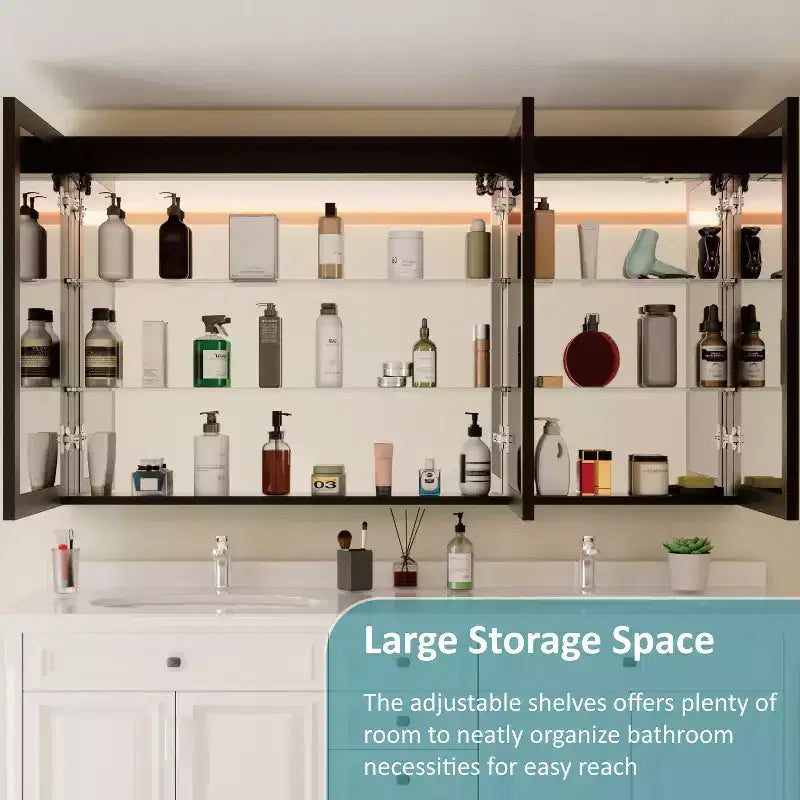 Bathroom Medicine Cabinet with LED Mirror, Surface or Recessed Mount, Dimmable Light, Anti-Fog, Adjustable Shelving