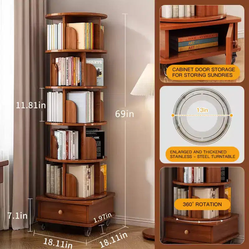 Chic Crate 6-Tier 360 Rotating Corner Bookshelf with Wheels, Narrow Bookcase for Small Spaces  Walnut Brown