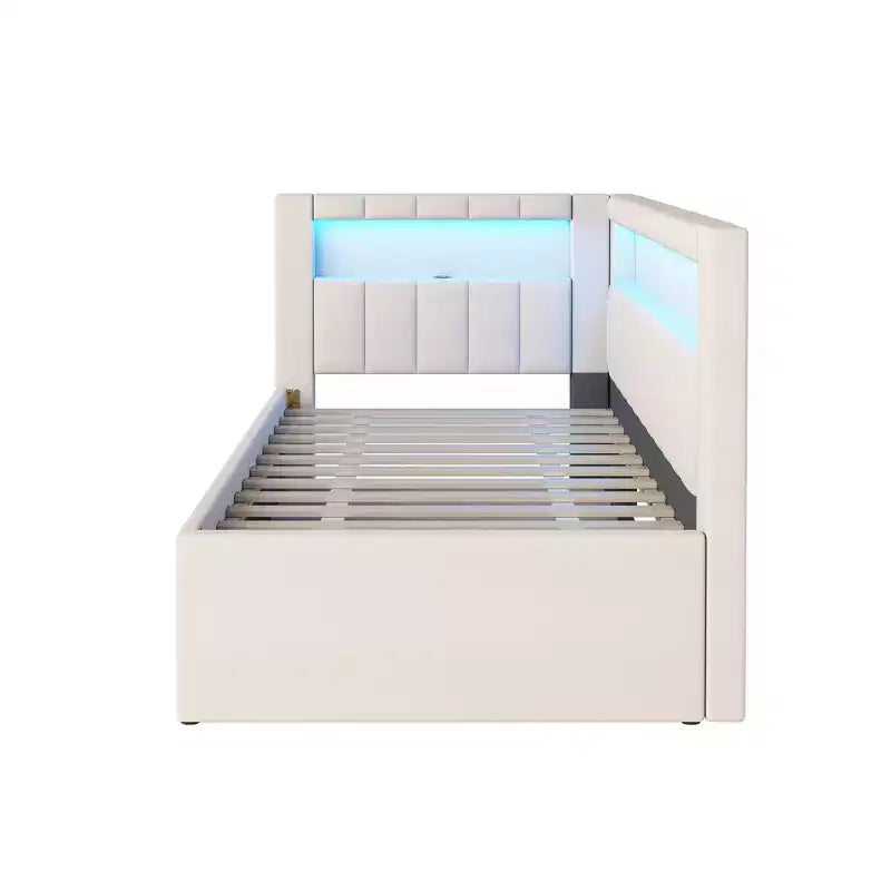 Twin/Full Daybed with Trundle and L-Shaped Bookshelf Headboard, Linen Upholstered Soft Corner Bed with Storage Shelves and LED Belt