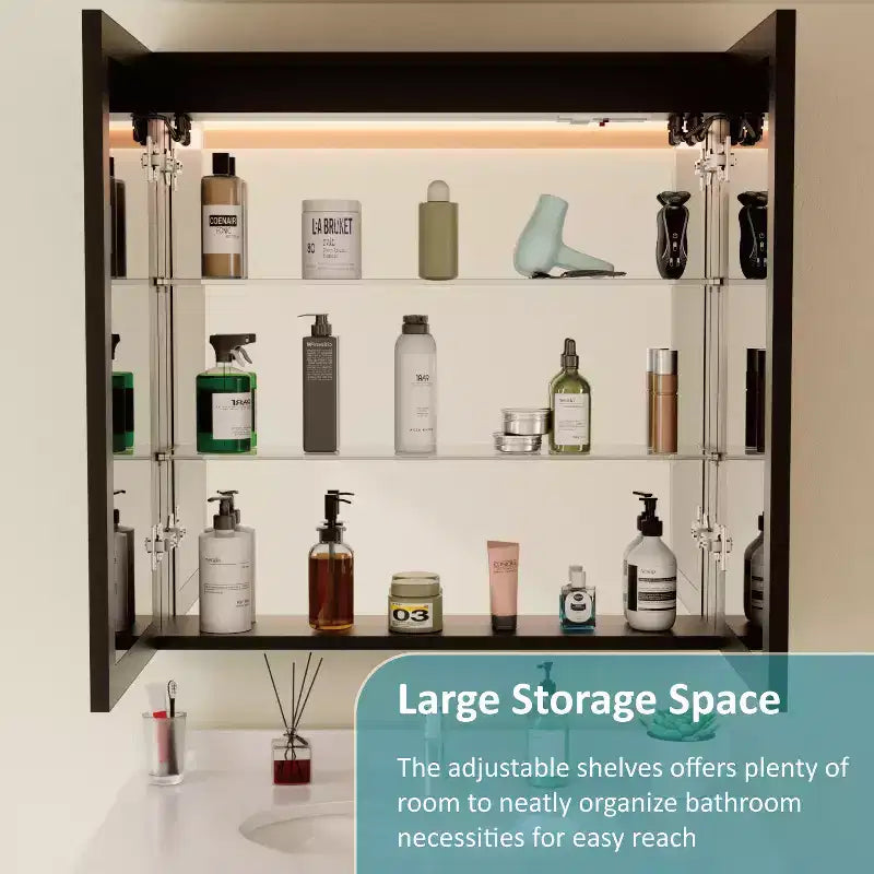 Bathroom Medicine Cabinet with LED Mirror, Surface or Recessed Mount, Dimmable Light, Anti-Fog, Adjustable Shelving
