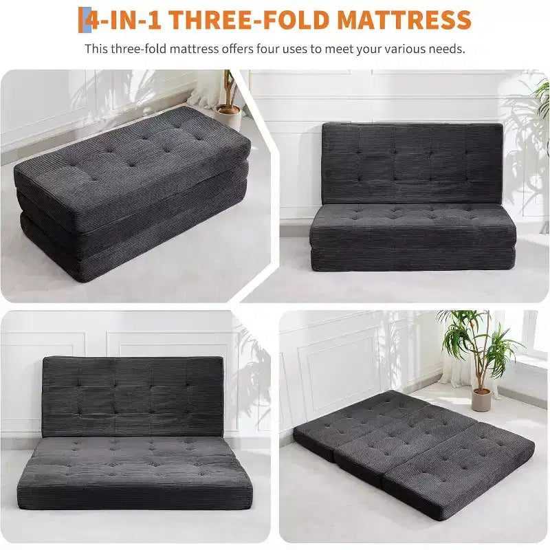 SunnyFurn 6 Inch Tri-Fold Mattress Sofa Bed, 75X54.3 Foam Folding Guest Bed with Tufted Corduroy, Portable for Camping, Living Room, Bedroom