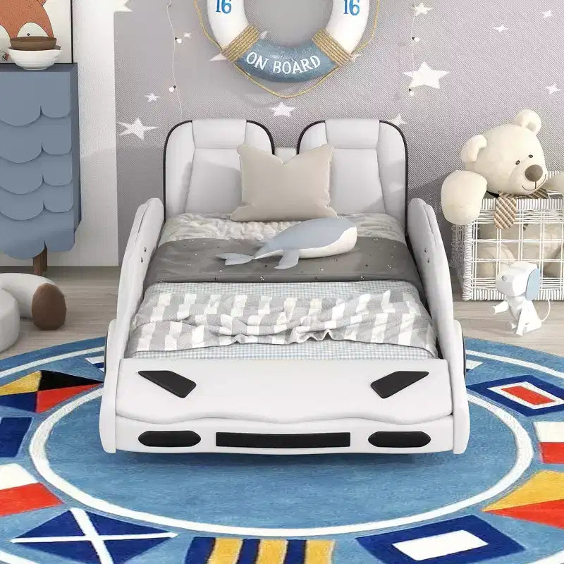 Whisen Wood Twin Size Race Car-Shaped Platform Bed with LED and Upholstered Backrest
